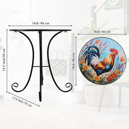 Outdoor Side Table, 18" Rooster Round Accent Table, Metal Indoor Small End Tables, Plant Stand Tables for Patio Yard Balcony Garden Bedside