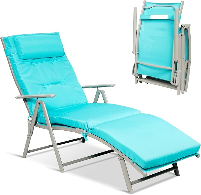 Giantex Chaise Lounge Chair for Outside, Pool Folding Reclining Beach Chair W/Removable Cushion&Headrest Pillow - Photo 1
