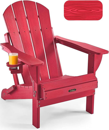 Ciokea Folding Adirondack Chair Wood Texture, Patio Adirondack Chair Weather Resistant, Plastic Fire Pit Chair with Cup Holder, Lawn Chair for Outdoor Porch Garden Backyard Deck (Red)