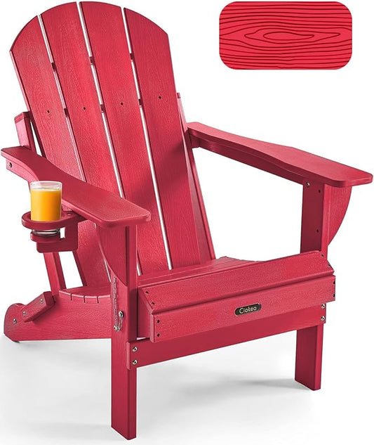 Ciokea Folding Adirondack Chair Wood Texture, Patio Adirondack Chair Weather Resistant, Plastic Fire Pit Chair with Cup Holder, Lawn Chair for Outdoor Porch Garden Backyard Deck (Red)