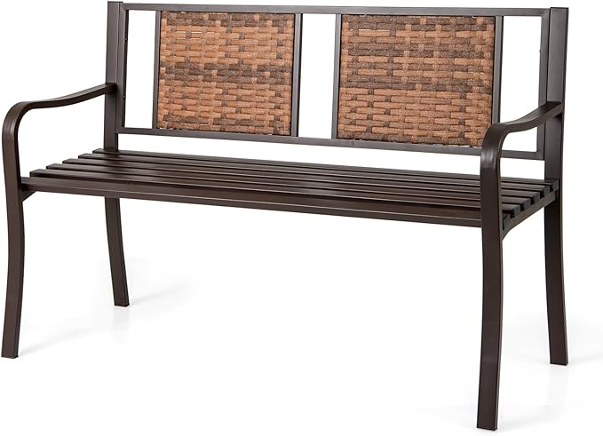 Giantex Outdoor Bench with PE Rattan Backrest, Curved Armrests, Slatted Seat for 2-3 Persons - Photo 1