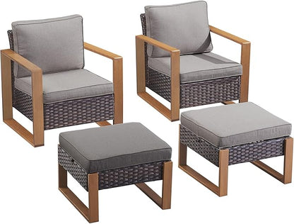 Rilyson Outdoor Wicker Patio Furniture Set - 4 Piece Patio Conversation Set with 2 Wicker Armrest Chairs,2 Rattan Ottoman, Sturdy Frame, Thick Cushions, Deep Seating(Brown/Grey)
