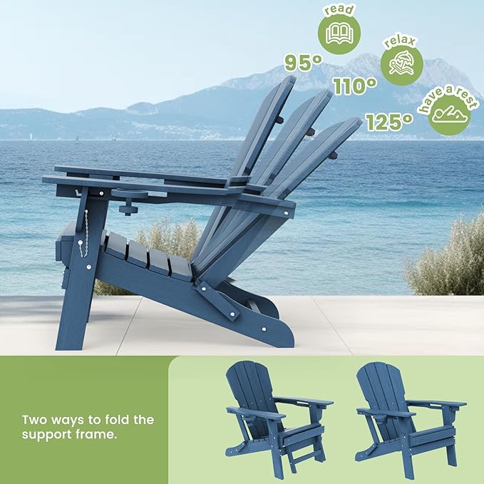 LOUNZY Folding Adjustable Adirondack Chair with Retractable Ottoman, HDPE Recliner Adirondack Chair with Cup Holder for Deck Lawn Fire Pit, Navy