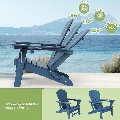 LOUNZY Folding Adjustable Adirondack Chair with Retractable Ottoman, HDPE Recliner Adirondack Chair with Cup Holder for Deck Lawn Fire Pit, Navy