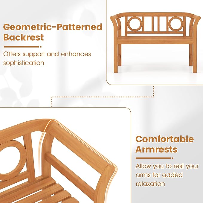 RELAX4LIFE Acacia Wood Outdoor Bench - 2 Person Patio Loveseat with Backrest and Armrests, 47 inch Garden Bench for Porch, Backyard, Poolside and Lawn, 800 lbs Weight Capacity