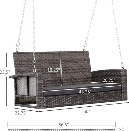 Outsunny 2 Person Wicker Hanging Swing Bench, Front Porch Swing Outdoor Chair with Cushions 550 lbs. Weight Capacity for Backyard, Garden, Grey