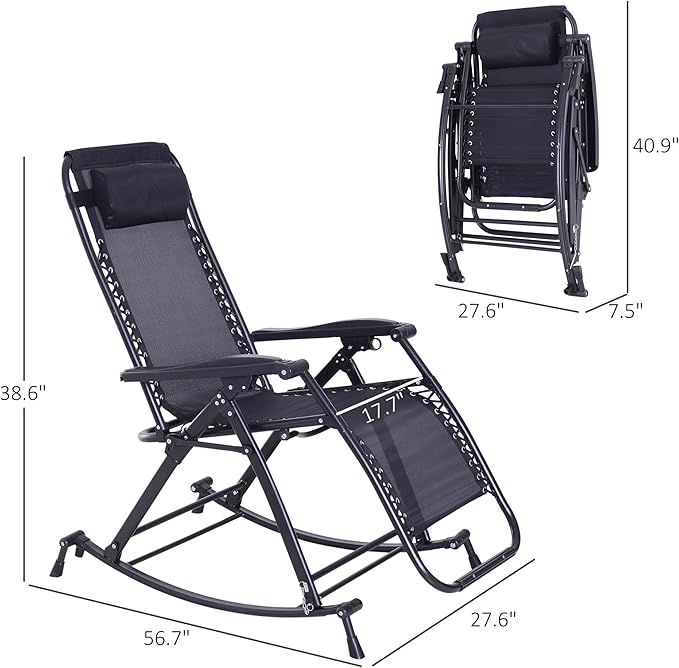 Outsunny Outdoor Rocking Chairs, Foldable Reclining Zero Gravity Lounge Rocker with Pillow, Cup & Phone Holder, Combo Design with Folding Legs, Black
