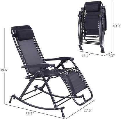 Outsunny Outdoor Rocking Chairs, Foldable Reclining Zero Gravity Lounge Rocker with Pillow, Cup & Phone Holder, Combo Design with Folding Legs, Black