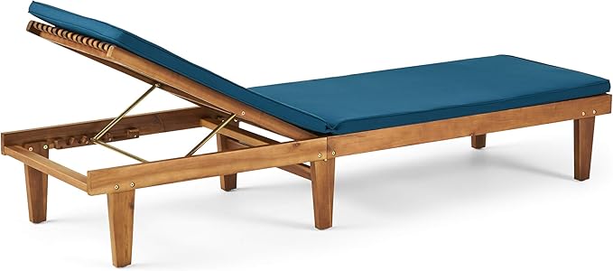 Great Deal Furniture Yvette Outdoor Acacia Wood Chaise Lounge and Cushion Set, Teak and Blue,309787 - Photo 7