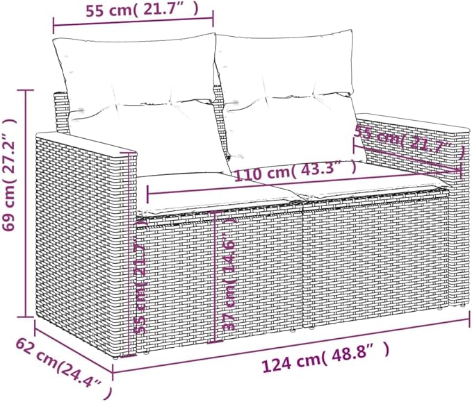 2-Seater Patio Sofa with Cushions, Gray Poly Rattan Outdoor Loveseat - Photo 9