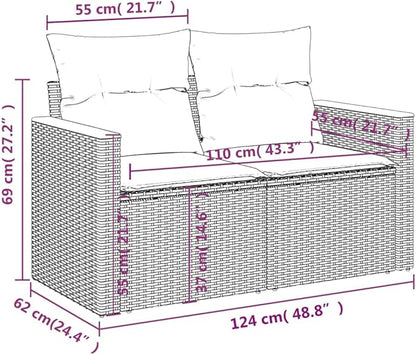 2-Seater Patio Sofa with Cushions, Gray Poly Rattan Outdoor Loveseat, Modern Modular Garden Bench with Acacia Wood Armrests and Weather-Resistant Steel Frame