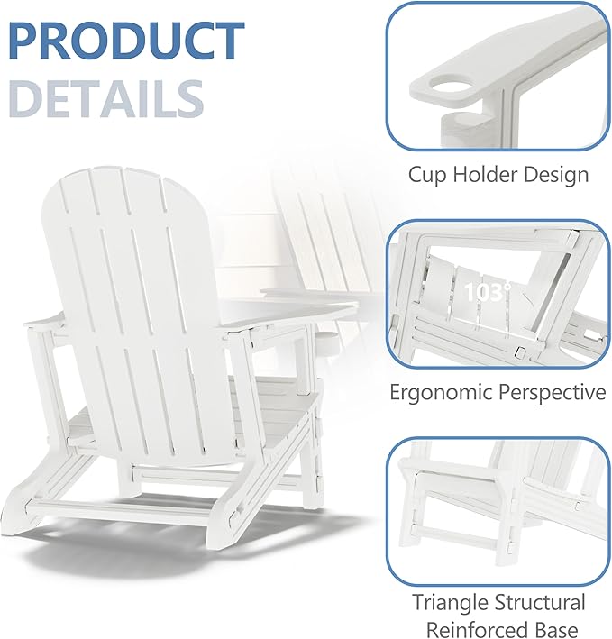 Shintenchi Adirondack Chair Set of 2,HDPE Adirondack Chairs with Umbrella Hole Connecting Tray & 2 Curved Ottoman,Plastic Outdoor Chairs with Cup Holders for Garden Backyard Pool,White