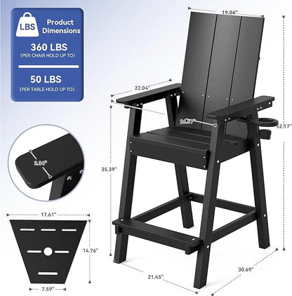 FOOWIN Tall Adirondack Chairs Set of 8,HDPE Adirondack Bar Stools with Connecting Tray & Cup Holders,Weather Resistant Balcony Chair for Outdoor Deck Lawn Pool Backyard Black