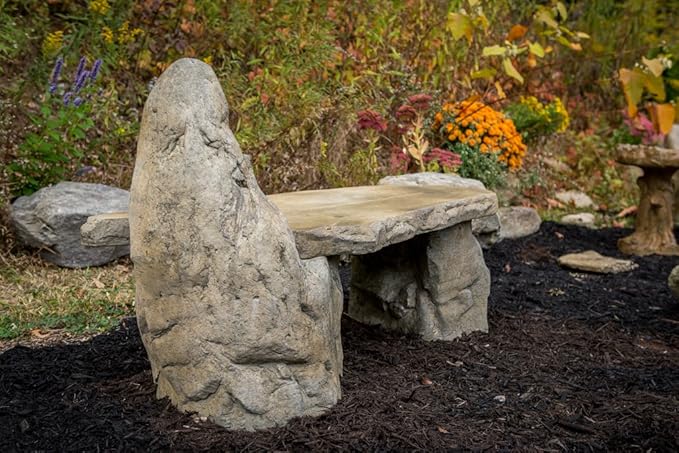 Athena Garden Basalt Stone Boulder Bench with Back, Cast Stone Rustic Lounge Bench, Outdoor Garden Patio Bench, 3 Piece Hand Sculpted Rock Garden Bench Outdoor Decor