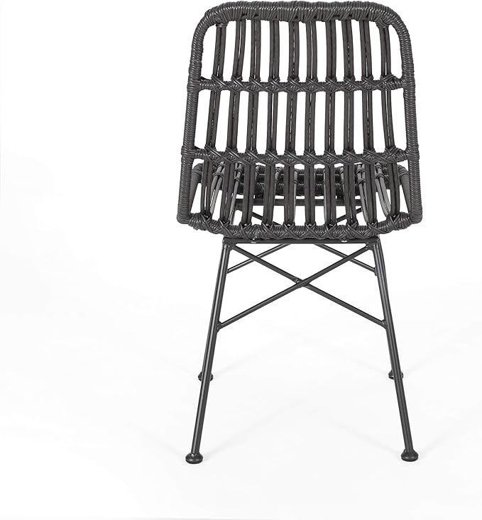 Christopher Knight Home Poppy Rattan Outdoor Dining Chairs Set of 2, Sturdy Metal Frame Patio Dining Chair Set for Backyard/Poolside, Slatted Armless Garden Chair, Sleek Open-Weave Design, Grey