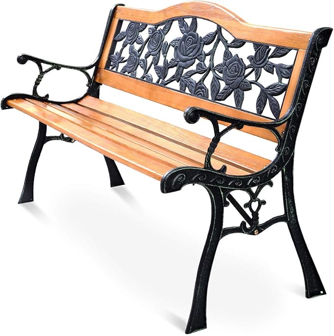 S AFSTAR Outdoor Garden Bench, Patio Bench with Large Rose Cast Backrest & Comfort Wood Seat, 470 LBS Load Capacity - Photo 1