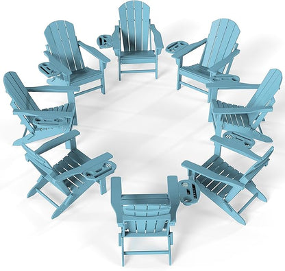 FOOWIN Folding Adirondack Chair Set of 8, HDPE Adirondack Chairs with Cup Holder, Weather Resistant Plastic Fire Pit Chairs for Outdoor, Patio, Lawn, Garden, Backyard, Deck, Light Blue