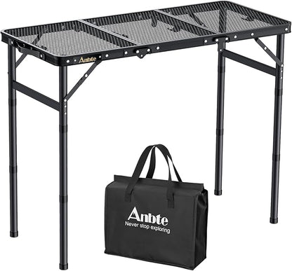 Anbte Folding Grill Table, 3ft Tri-Fold Aluminum Folding Table Adjustable Height Max 27.5" Grill Table with Mesh Desktop, Lightweight, Portable Handle for Outdoor Cooking BBQ Picnic (Black)