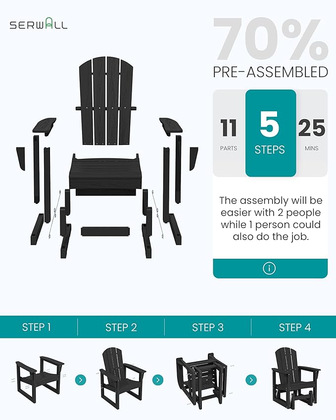 SERWALL Outdoor Glider Chair Set of 2, HDPE Wood-Like Patio Glider Rocker All-Weather Porch Glider for Outside, Black - Photo 9