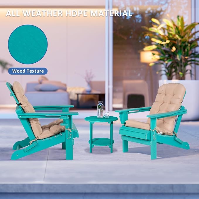 Adirondack Chair with Table, Cushion & Cup Holder, HDPE Folding Adirondack Chair with Wood-Like Grain Outdoor Fire Pit Chairs for Patio/Porch/Swimming Pool/Camping(Aruba)