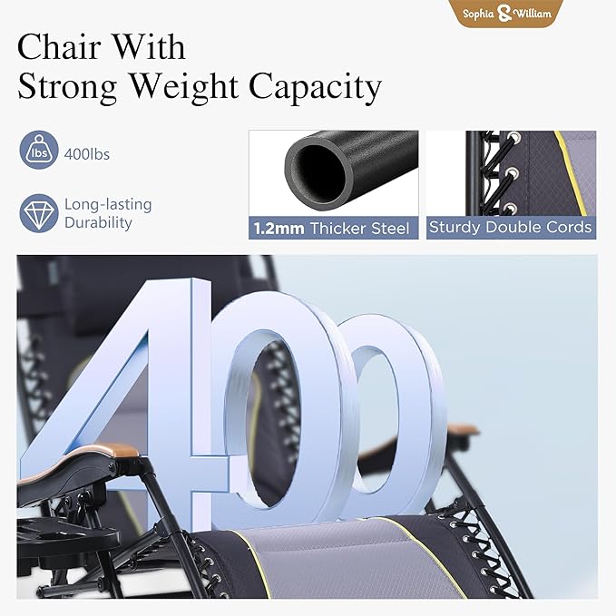 Sophia & William XXL Zero Gravity Chair Set of 2, Oversized Gravity Recliner Lounge Chair Outdoor Gravity Chair with Free Cup Holder, Supports 400 LBS (Grey)