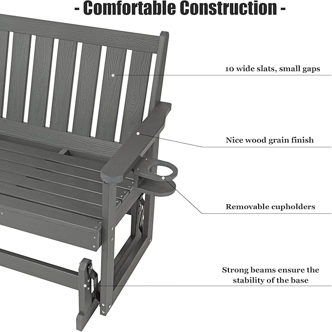 Poly Lumber Patio Glider, HIPS Material Weather-Resistant Swing Bench for Outdoor Porch Garden, Gray - Photo 5