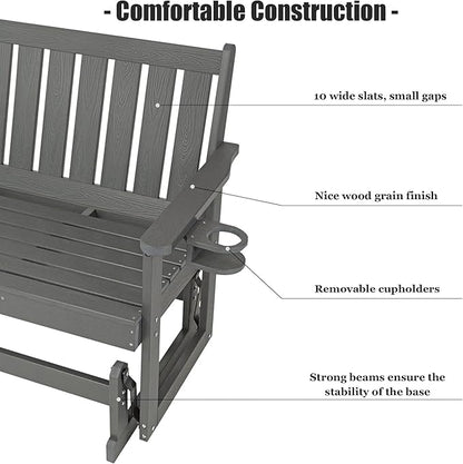Poly Lumber Patio Glider, HIPS Material Weather-Resistant Swing Bench for Outdoor Porch Garden, Gray