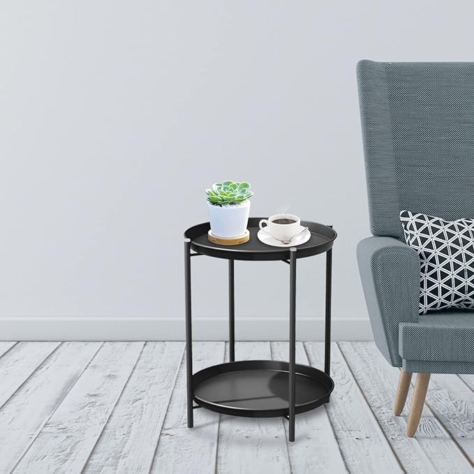 Grand patio Outdoor Side Table, 2-Tier Metal Round End Table, Black