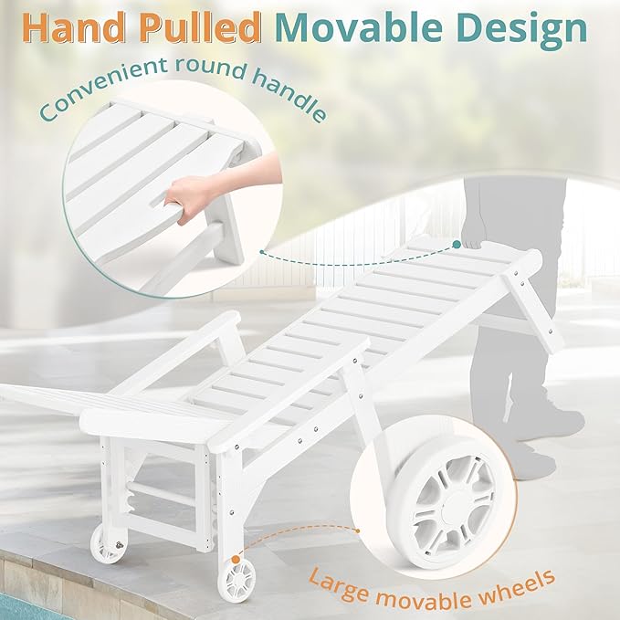 LUE BONA Lounge Chair Outdoor, HDPS Chaise Lounge Outdoor with Wheels, 5 Positions Adjustable Pool Lounger Chairs for Outside, Patio, White