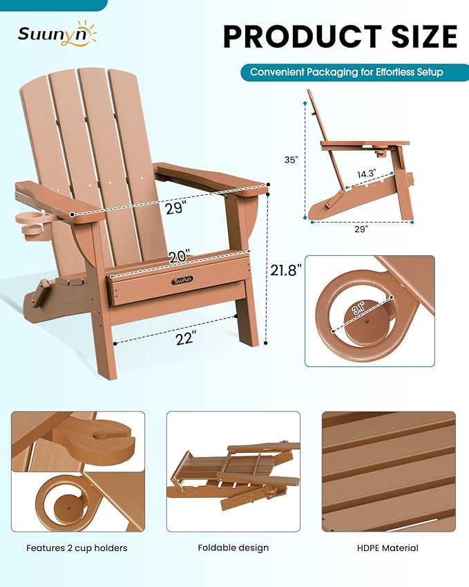 Folding Adirondack Chair 4 Pack, HDPE All-Weather Fire Pit Chairs, Plastic Adirondack Chairs with 2 Cup Holder, Outdoor Lawn Chair for Patio Garden (Teak)