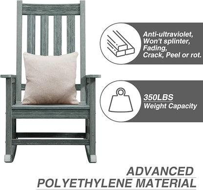 Outdoor Rocking Chair Set of 4, HDPE Oversized Patio Rocking Chairs, Weather Resistant, 350lbs Heavy Duty Porch Rocker with High Back for Backyard, Fire Pit, Garden and Indoor (Grey)