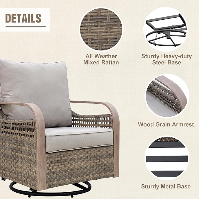 Modern Wicker Outdoor Swivel Rocking Chairs, Rattan Glider Rocker Chairs Patio Armchairs for Backyard, Deck, Porch, Garden, 4 Pieces, Brown/Gray