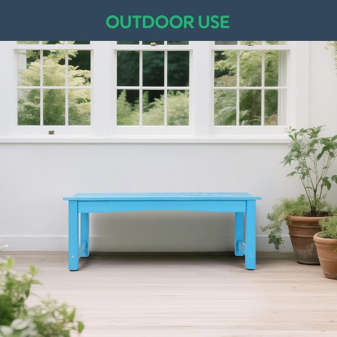 Weatherproof HIPS Outdoor Bench, 2-Person Patio Dining Bench, All-Weather Poly Lumber Garden Bench, Never Rot or Fade, Park Bench with Wood Grains for Porch, Deck, Entryway, Blue, 2 Pack