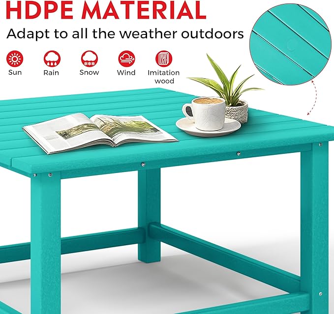 Costaelm Patio Conversation Table, Tatio Accent HDPE Outdoor Weather Resistant, Square Outdoor Porch Balcony Patio Drink Table for Outside, Pool, Backyard, Turquoise