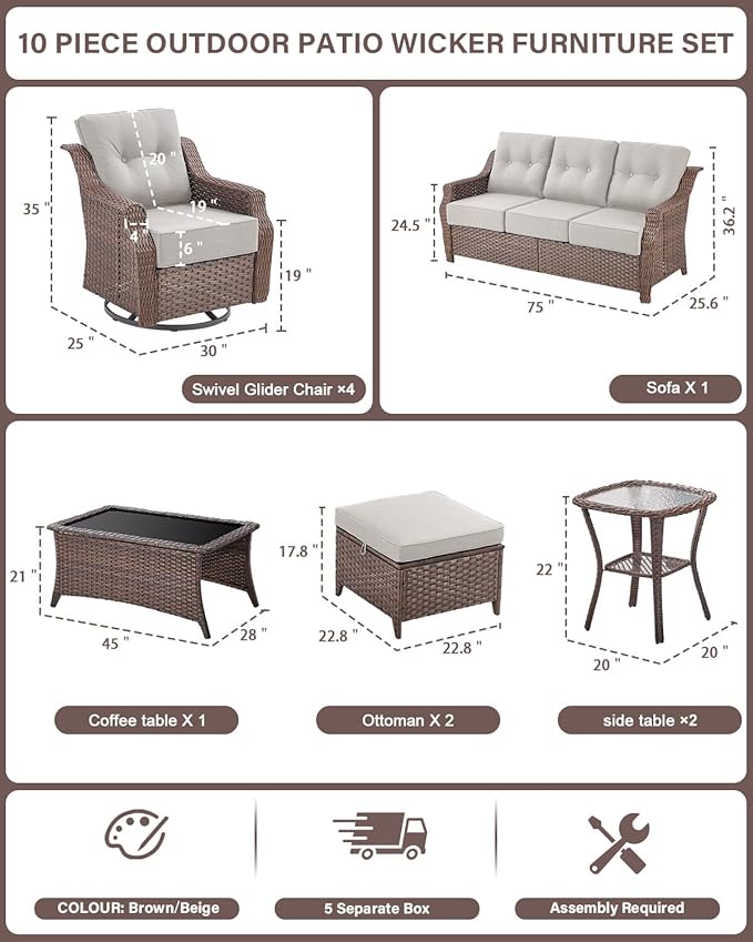 10 Piece High Back Outdoor Patio Furniture Set - Patio Conversation Set with Swivel Rocker Outdoor Chairs Set of 4 and - Photo 2