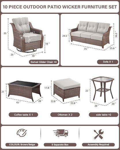 10 Piece High Back Outdoor Patio Furniture Set - Patio Conversation Set with Swivel Rocker Outdoor Chairs Set of 4 and 3 Seater Sofa, Wicker Ottoman and Coffee Table for Garden Backyard
