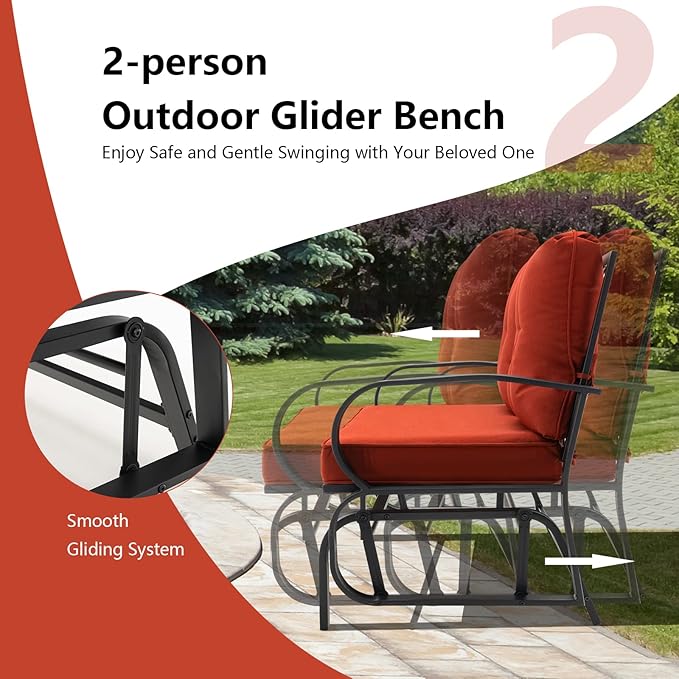 Giantex 2 Seats Glider Bench for Outside, Patio Glider Porch Loveseat w/Cushions & Powder Coated Steel Frame, Double-Seat Outdoor Glider for Patio, Garden, Backyard (Red)