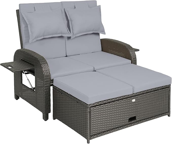 Outsunny Patio Rattan Daybed, Wicker Outdoor Daybed with Storage Ottoman, Loveseat Sofa with Adjustable Backrest - Photo 1