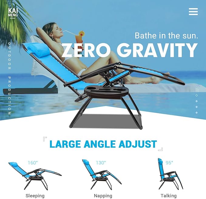 Kemon Zero Gravity Folding Lounge Outdoor Patio Adjustable Reclining Chair with Pillows and Cup Holders for Beach Set of 2, Blue, KM-CLB