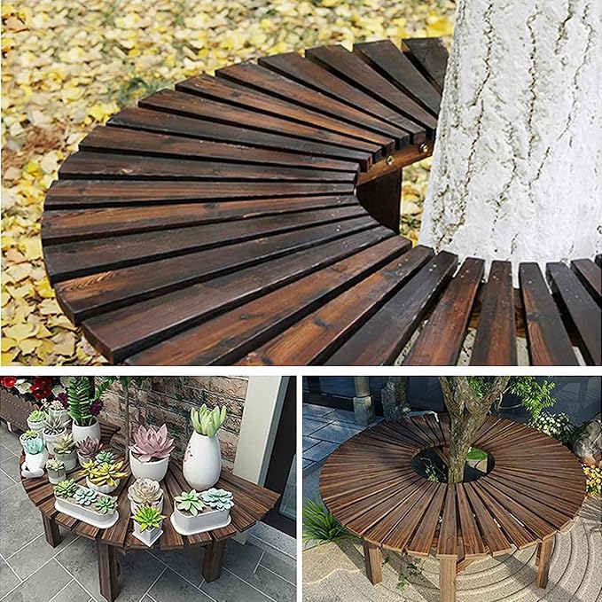 Tree Bench Wrap Around Tree Bench Wooden Curved Benches Outdoor Strong Bearing Capacity 660Lbs, for Garden Natural 120Cm/47In