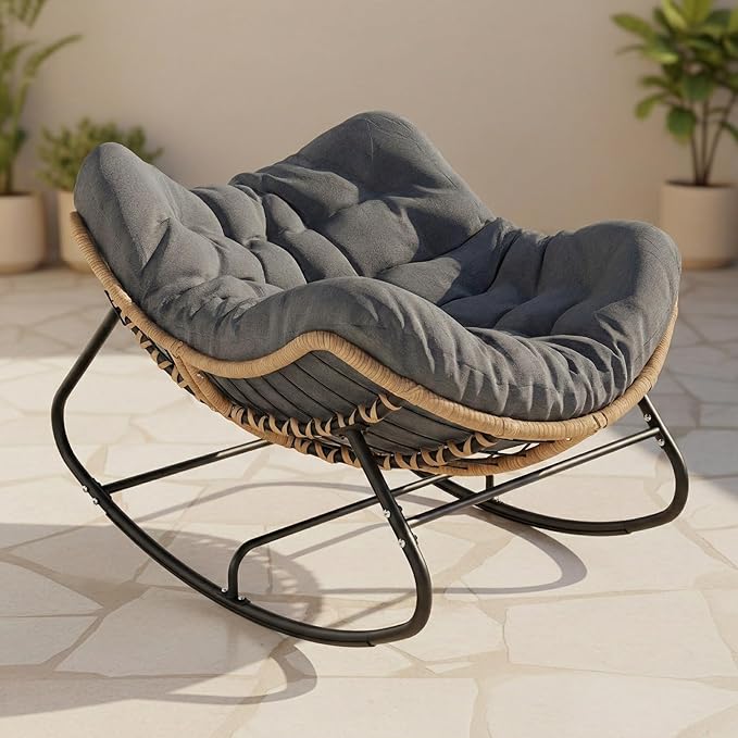 Oversized Papasan Rocking Chair Outdoor, Comfy Wicker Patio Papasan Egg Rocker with Thick Cushion for 450 lbs - Photo 1