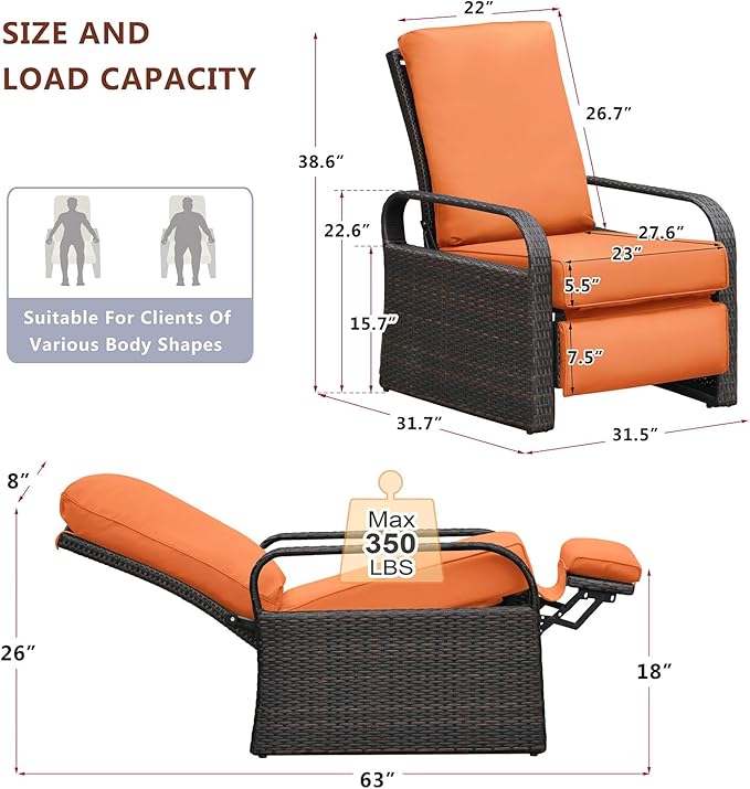 ATR ART TO REAL Outdoor Recliner, Set of 2 Wicker Reclining Chair with Coffee End Side Table, Aluminum Frame Patio Chaise Lounge Chairs with Thicken Cushions (Orange)