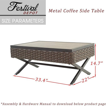 Festival Depot Metal Outdoor Side Coffee End Table Patio Bistro Living Room Dining Table Wood Grain Top Wicker Rattan Furniture with X Shaped Steel Legs Brown Black (Rectangle)