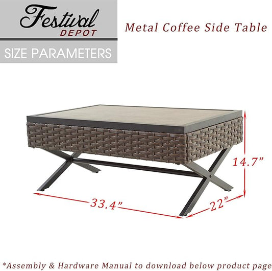 Festival Depot Metal Outdoor Side Coffee End Table Patio Bistro Living Room Dining Table Wood Grain Top Wicker Rattan Furniture with X Shaped Steel Legs Brown Black (Rectangle)