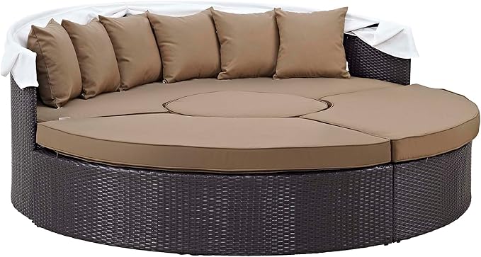 Modway Convene Wicker Rattan Outdoor Patio Retractable Canopy Round Poolside Sectional Sofa Daybed with Cushions in Espresso Mocha