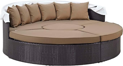 Modway Convene Wicker Rattan Outdoor Patio Retractable Canopy Round Poolside Sectional Sofa Daybed with Cushions in Espresso Mocha