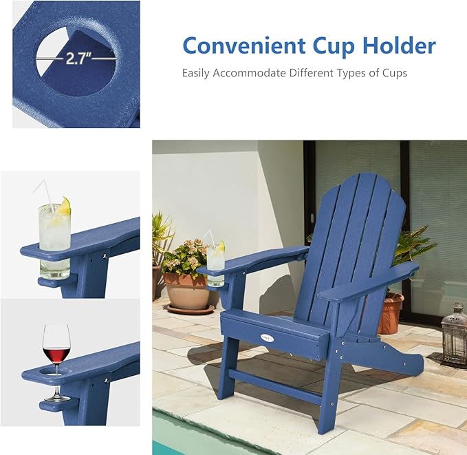 Tangkula Adirondack Chair Outdoor, Fade Resistant HDPE Armchairs with Cup Holder, Weather Resistant Lounger Chairs for Patio Garden Backyard Deck, Lawn Porch Seating, Adirondack Lounger (2, Navy)