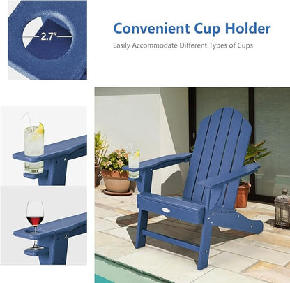 Tangkula Adirondack Chair Outdoor, Fade Resistant HDPE Armchairs with Cup Holder, Weather Resistant Lounger Chairs for Patio Garden Backyard Deck, Lawn Porch Seating, Adirondack Lounger (2, Navy)