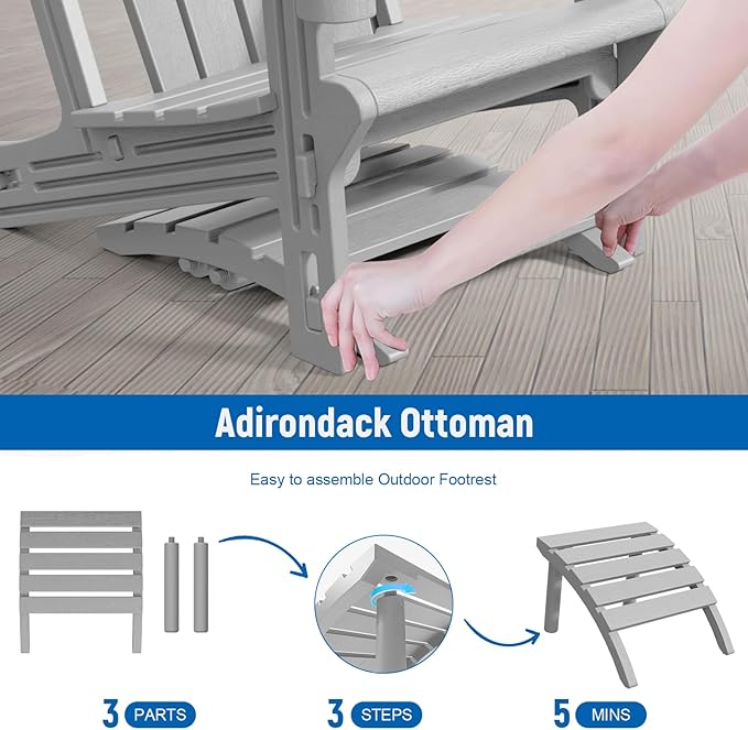 FONTOI Adirondack Ottoman, HDPE Plastic Adirondack Chair Footstool, All Weather Outdoor Footrest for Patio, Backyard, Lawn, Fire Pits, Grey