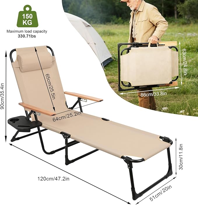 Folding Lounge Chairs for Outside, Beach Patio Lounge Chair, Sunbathing/Tanning Chair with 4 Adjustable Backrest & Cup & Pillow,Holds 330 Lb, Outdoor Garden Pool (Beige)